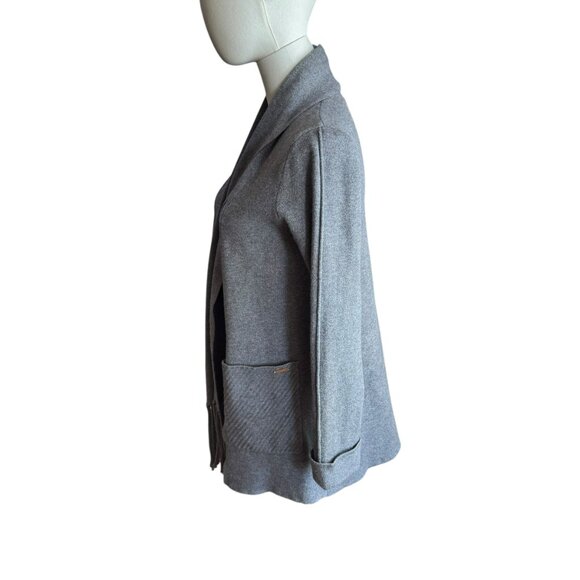 Tahari Gray Open Front Shawl Collar Sweater Fringe Hem Cardigan Size S - Picture 4 of 7